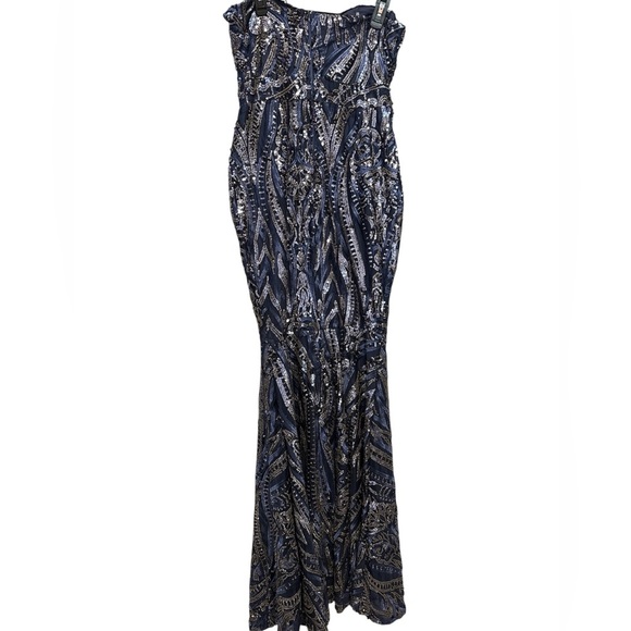 CLUB LONDON WOMEN'S SWEETHEART LONG SEQUIN STRAPLESS NAVY/GOLD DRESS SIZE US 10 - Picture 2 of 2
